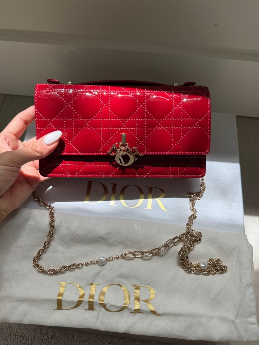 Dior Red Patent Leather Crossbody with Gold Chain Charm - Picture 2 of 7